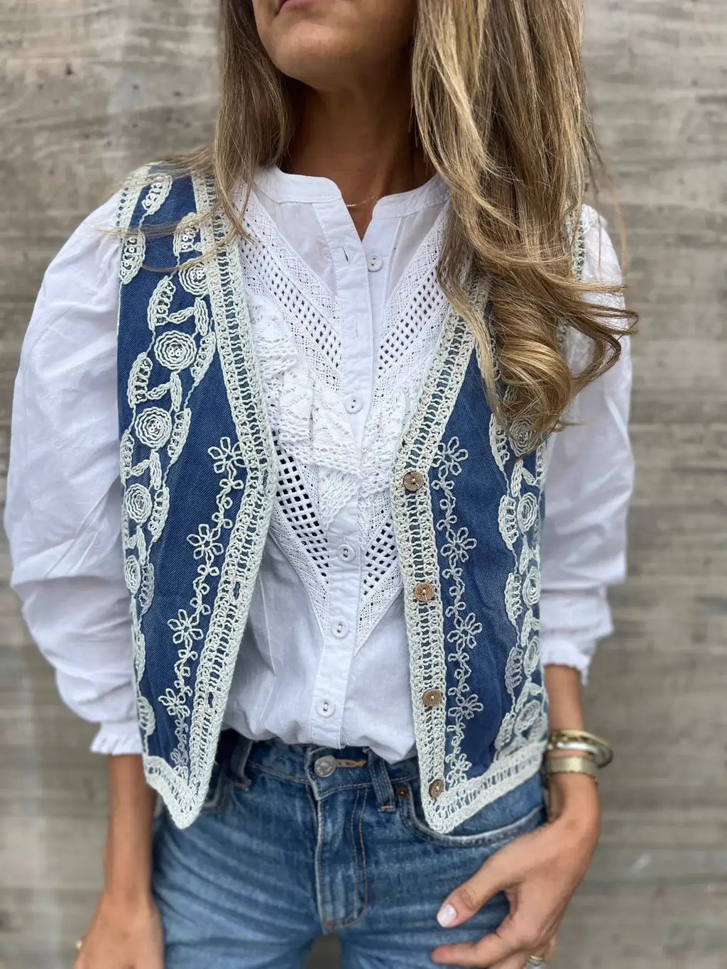 Embroidered Button Up V-Neck Vest Coat.