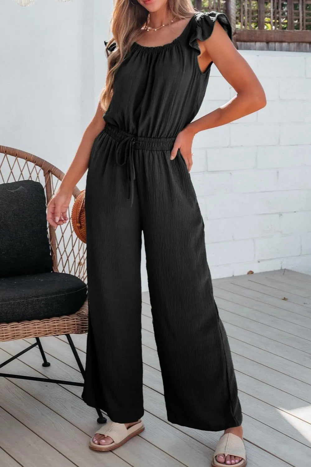 Ruffled Sleeve Wide Leg Jumpsuit.