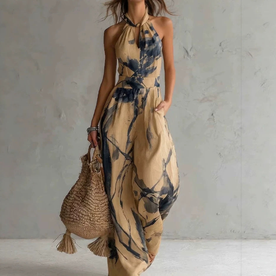 New halter backless jumpsuit, blue and white tie-dye wide-leg pants, summer beach women's wear