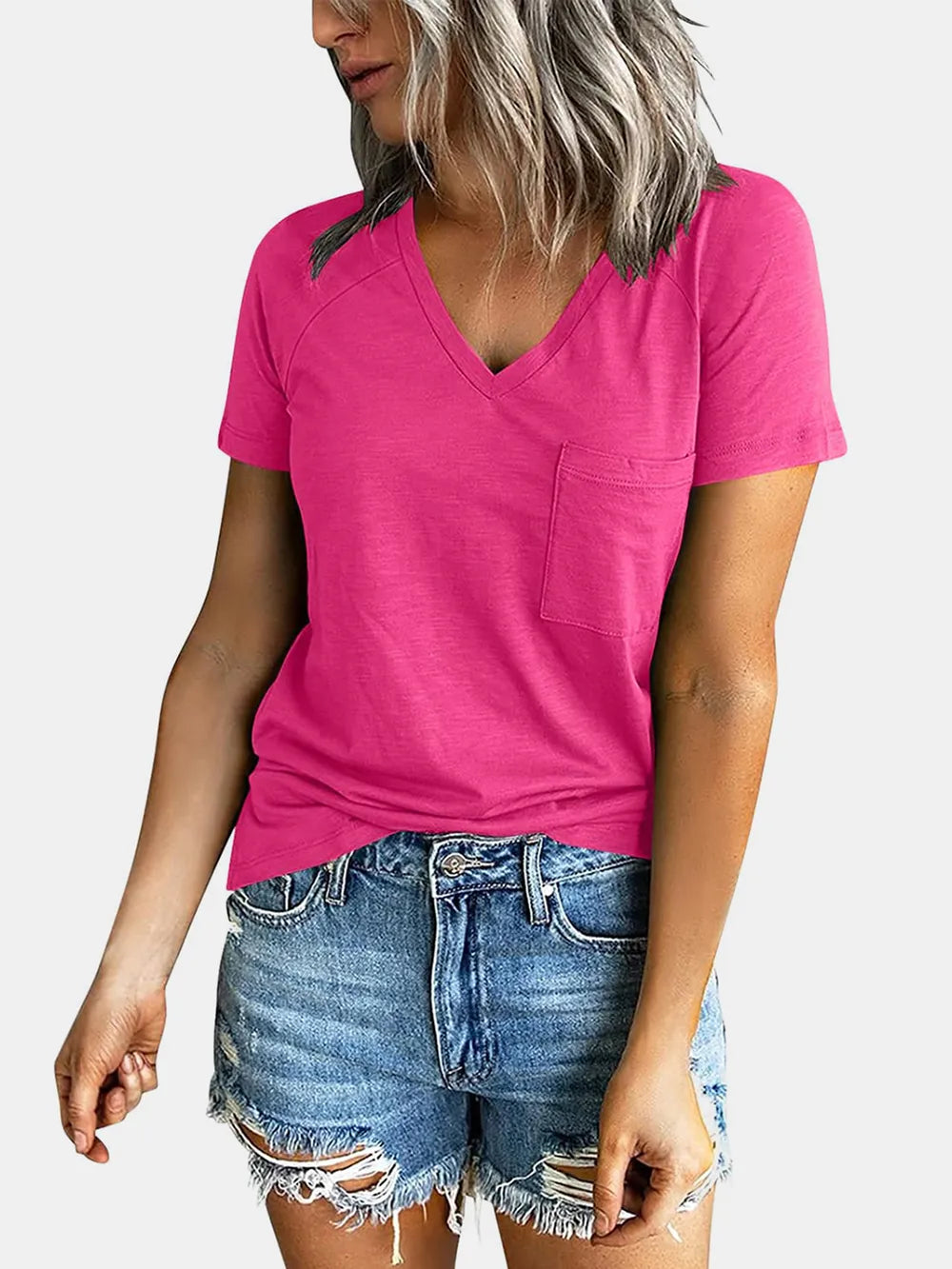 Pocketed V-Neck Short Sleeve T-Shirt.