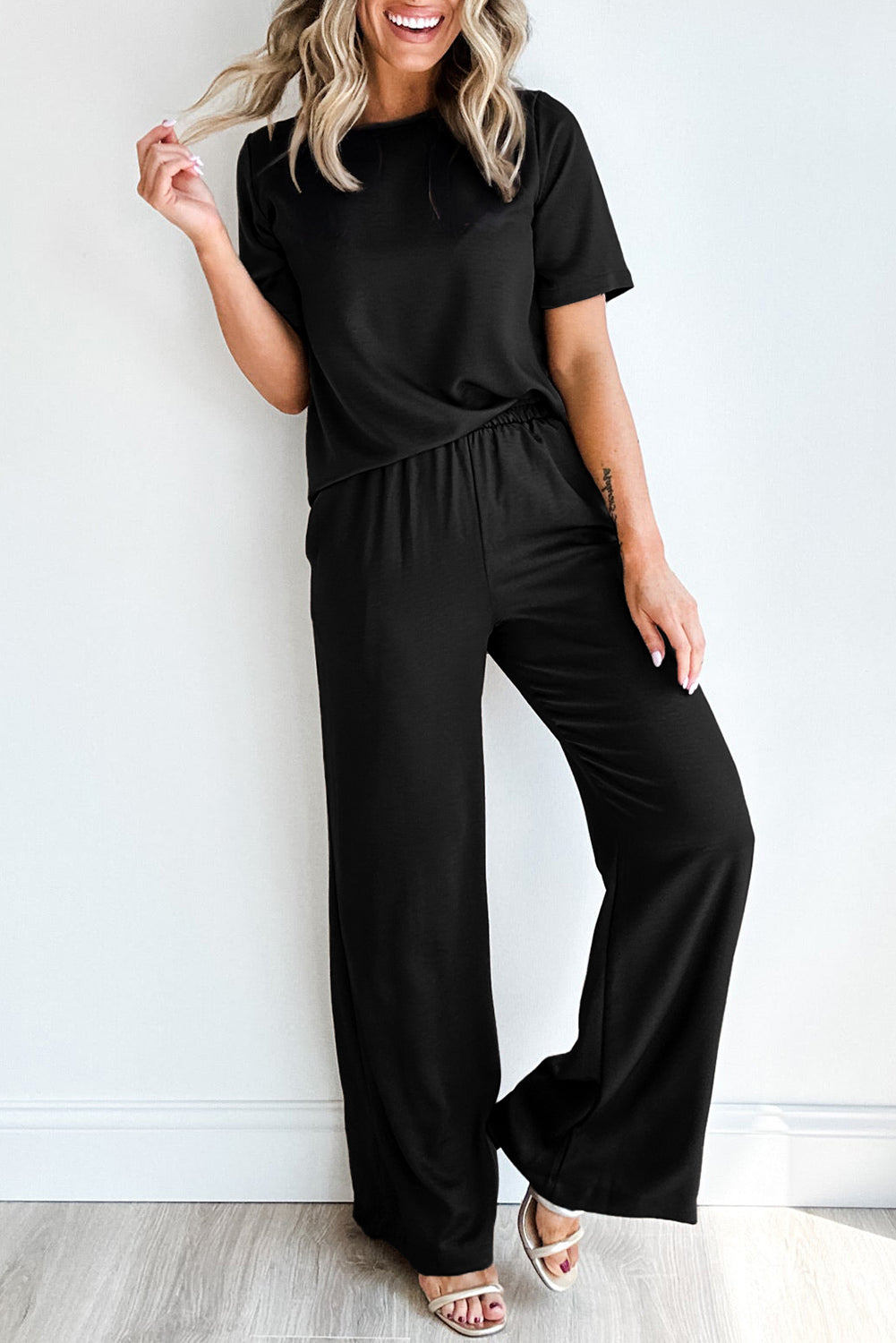 Black Solid Color T Shirt 2pcs Wide Leg Pants Set Dear-Lover Dropshipping