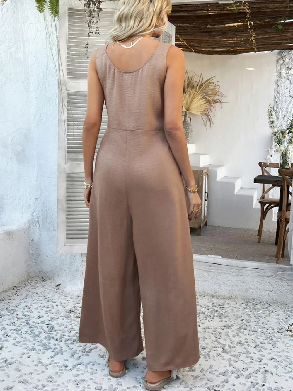 Devine Button Front Knotted Strap Wide Leg Jumpsuit.