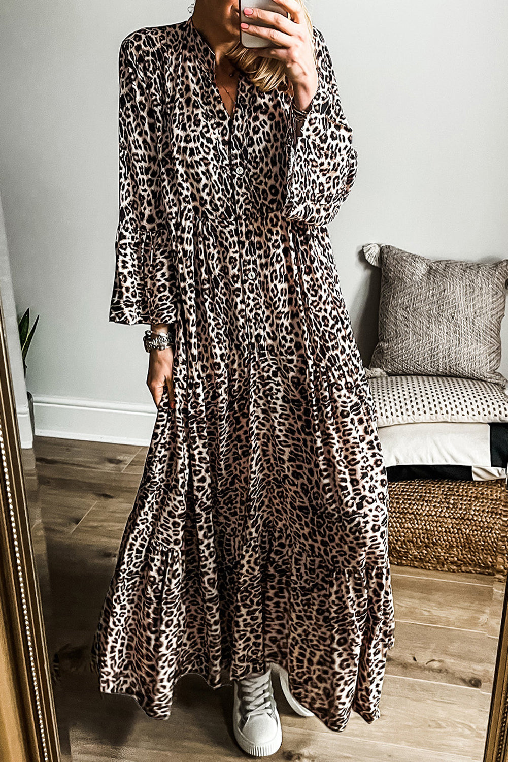 Apricot Leopard Print Tiered Wide Sleeve Maxi Dress Dear-Lover Dropshipping