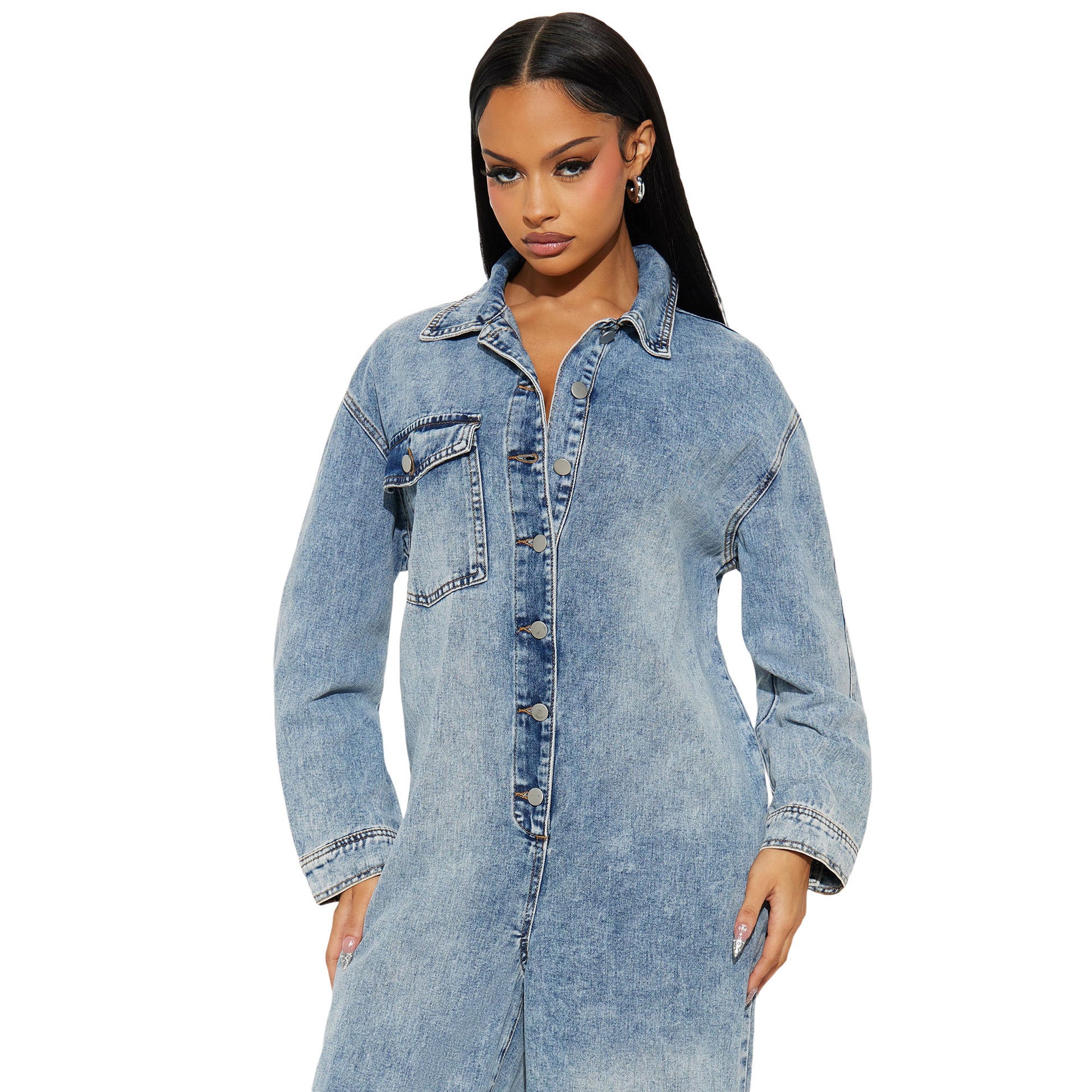Slim fit elastic trumpet long sleeved denim jumpsuit