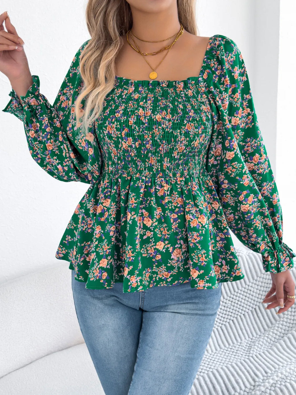 Floral Square Neck Flounce Sleeve Blouse.