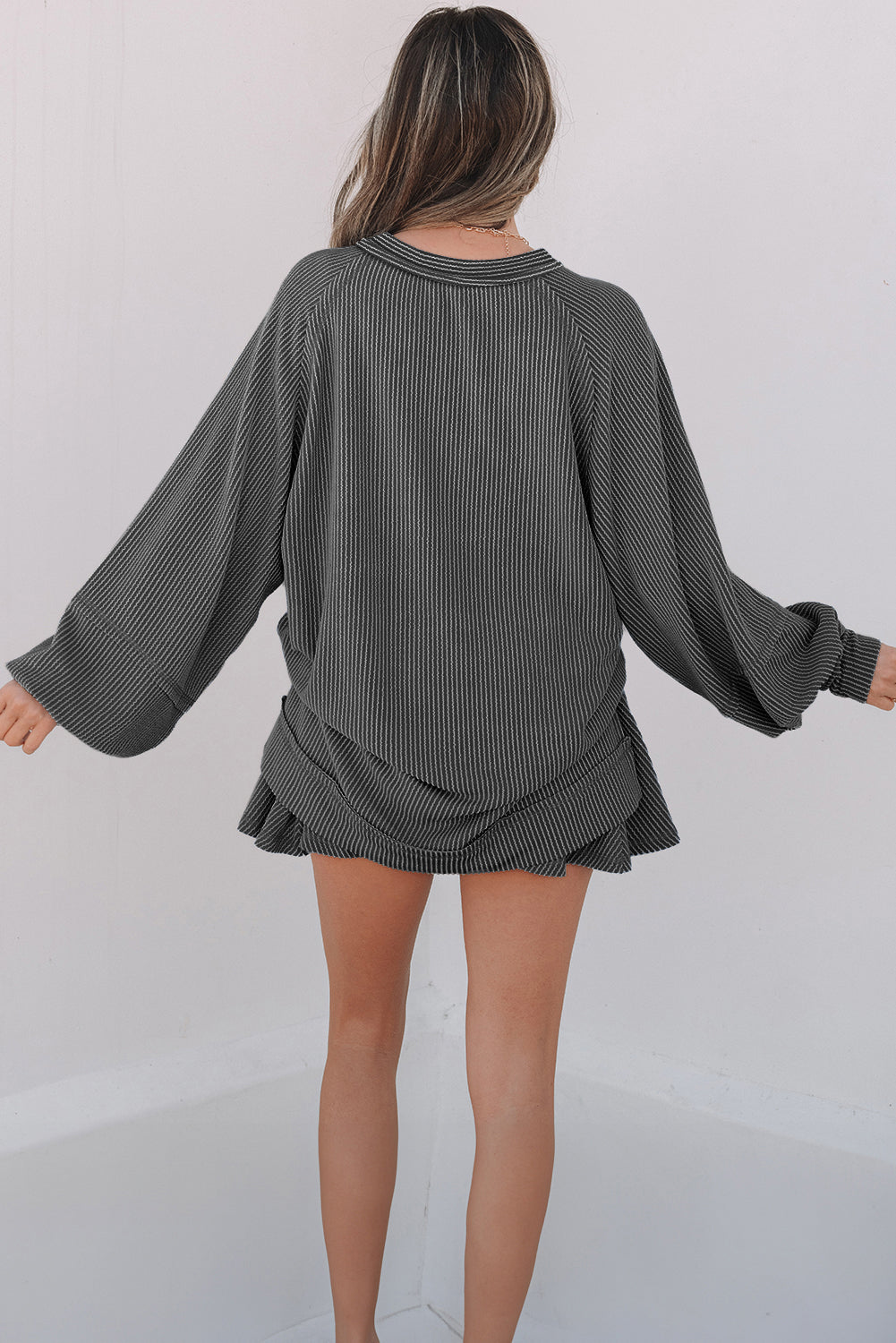 Dark Grey Corded Lantern Sleeve Top High Waist Ruffled Mini Skirt Set Dear-Lover Dropshipping