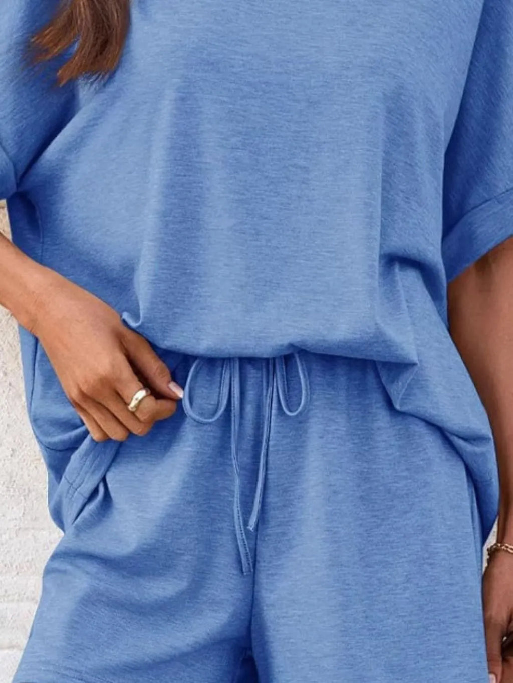 Round Neck Short Sleeve Top and Shorts Set.