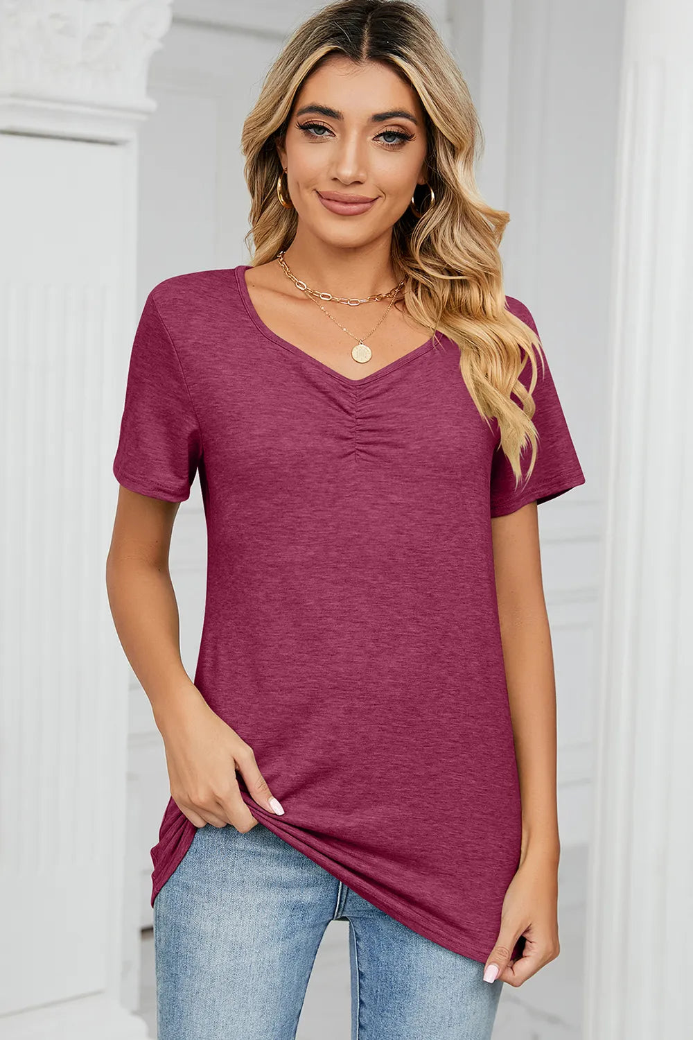 Ruched Heathered Short Sleeve T-Shirt.