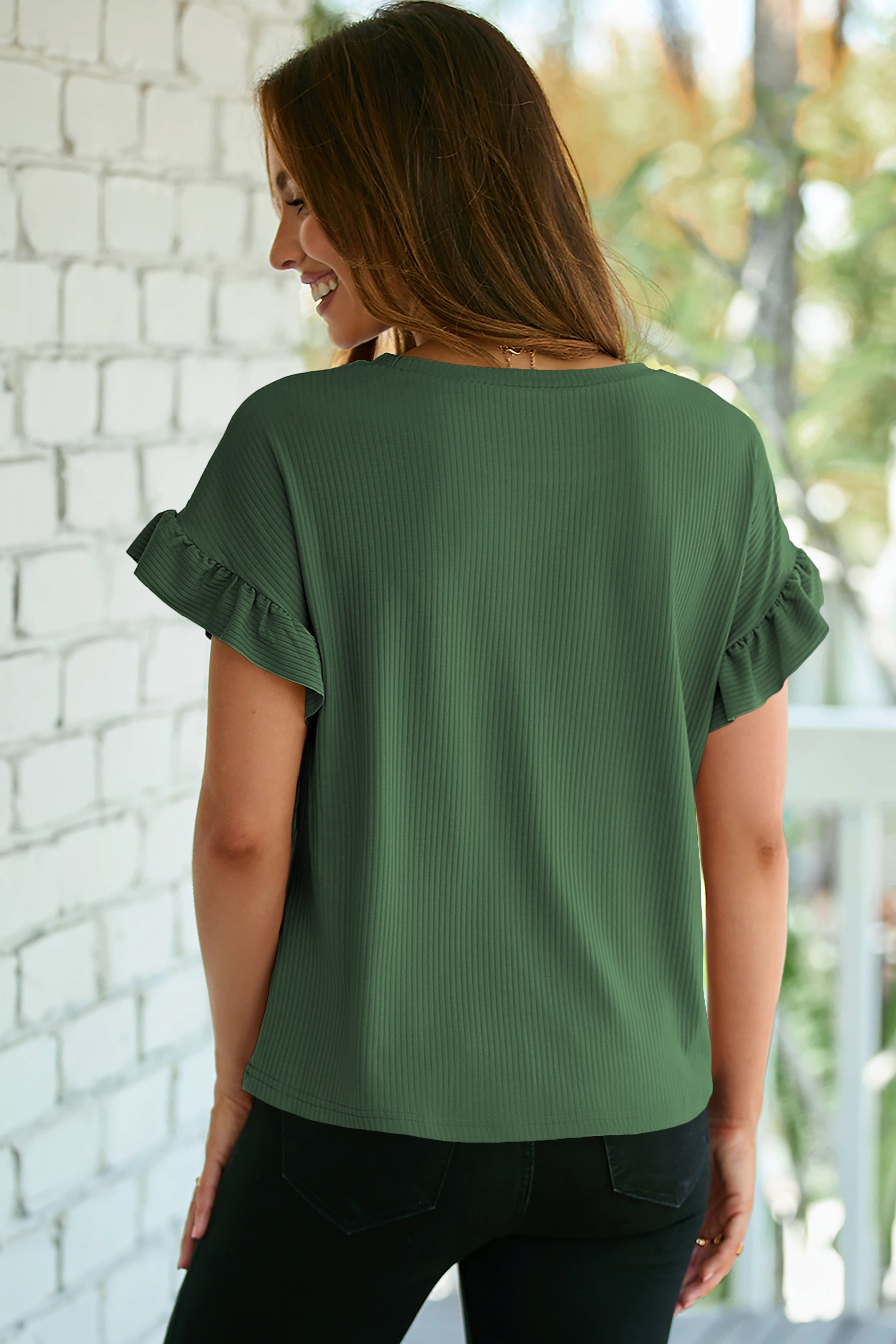 Blackish Green Solid Color Ribbed Ruffled Short Sleeve T Shirt