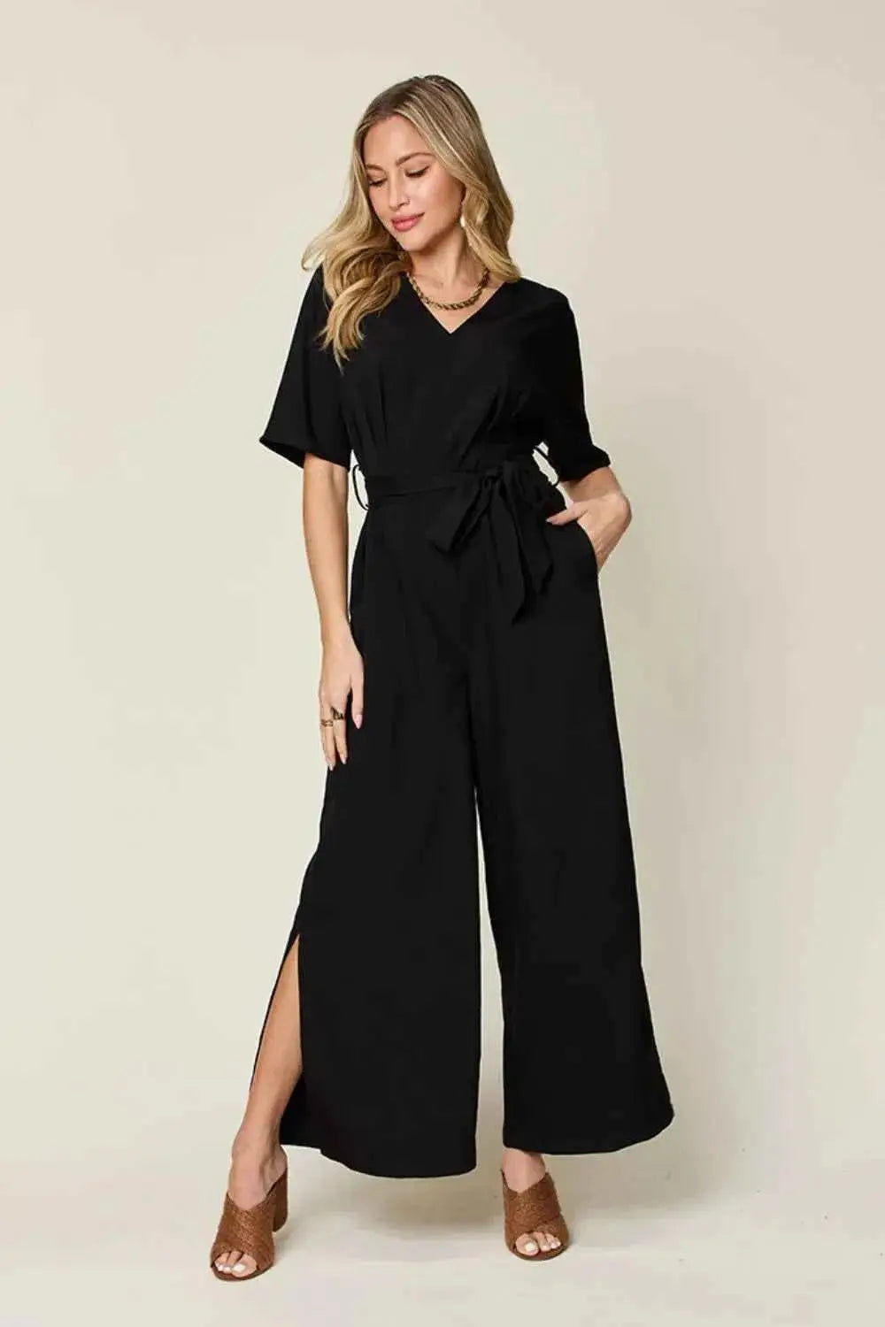 V-Neck Tied Side Slit women Jumpsuit.