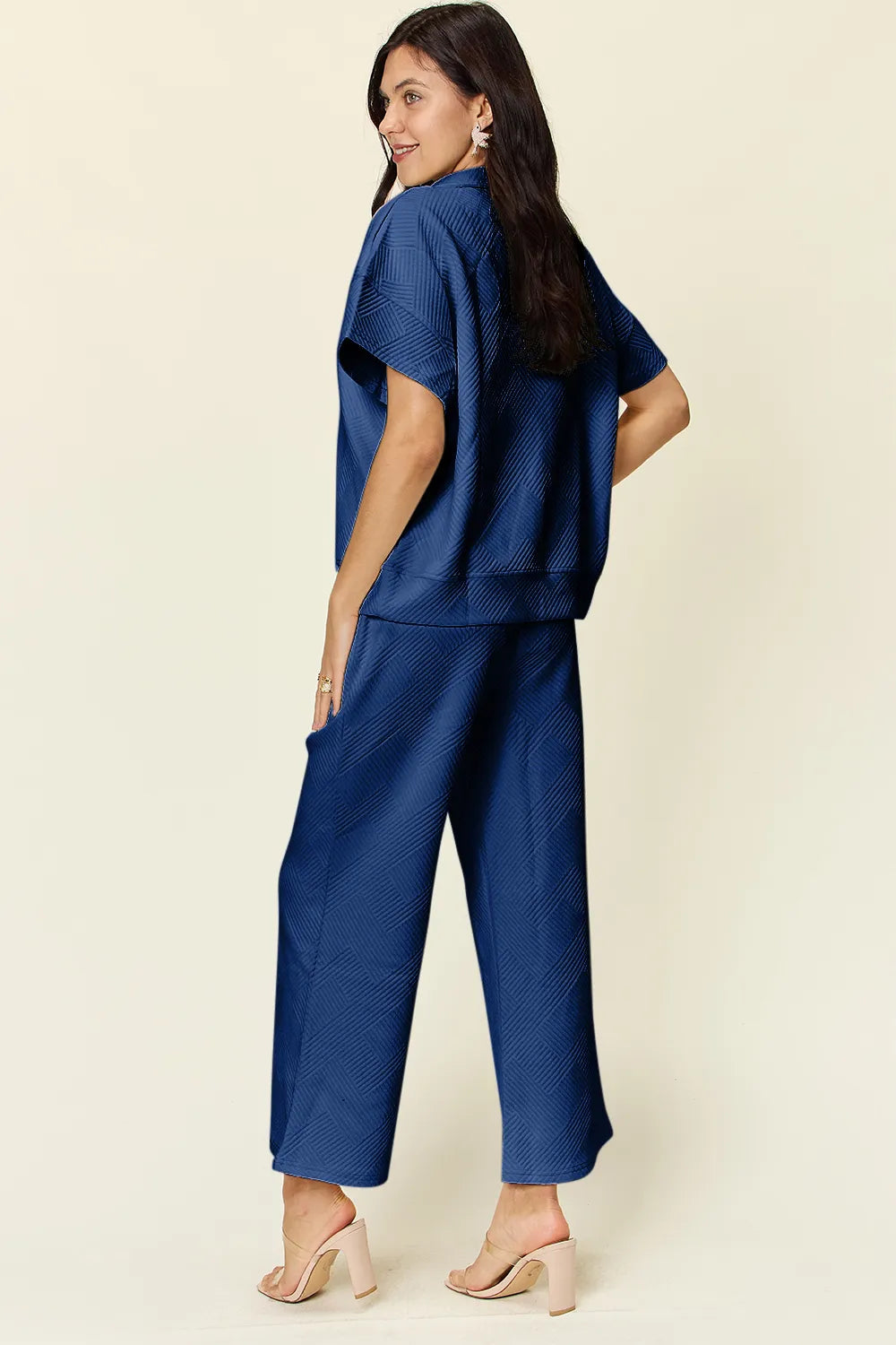 Double Take Full Size Texture Half Zip Short Sleeve Top and Pants Set - CHIC TB