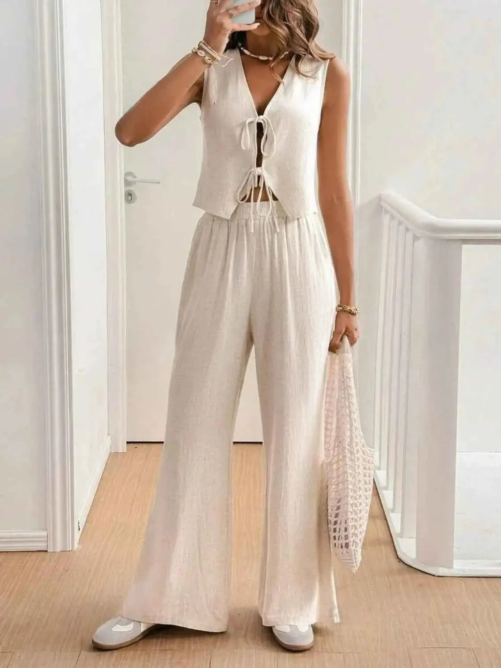 V Neck Sleeveless Top and Pants Set.