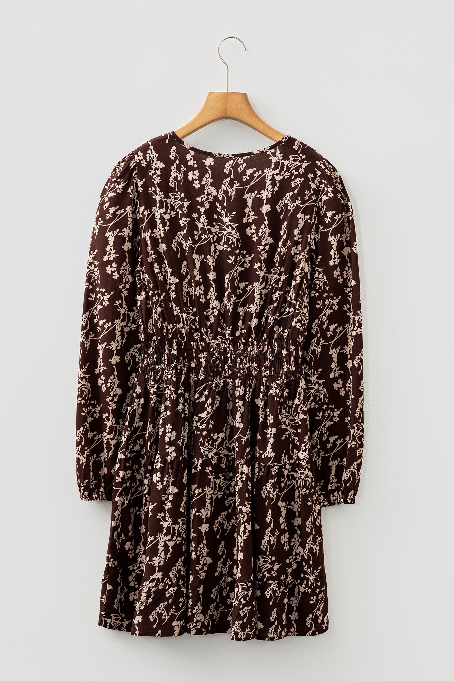 Brown Ditsy Floral Print Split Neck Long Sleeve Shirred Waist Flared Mini Dress