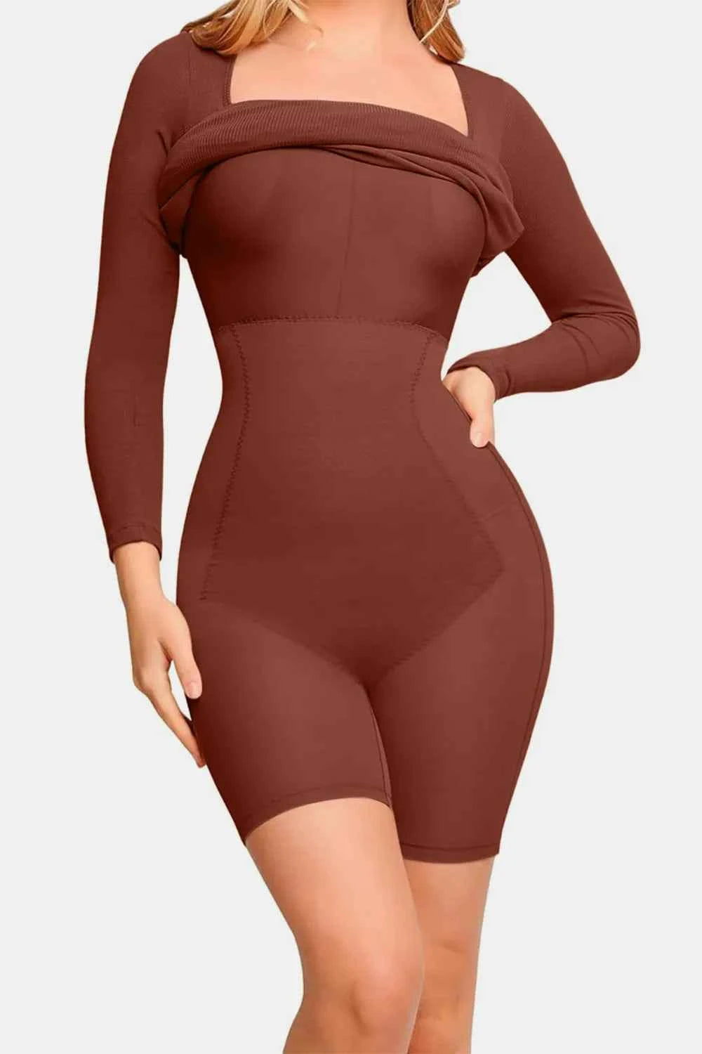 Basic Bae Full Size Built-In Shapewear Square Neck Long Sleeve Dress.