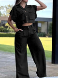 Large-pocket Midriff-baring Top With Attached Sleeves And Utility Pants