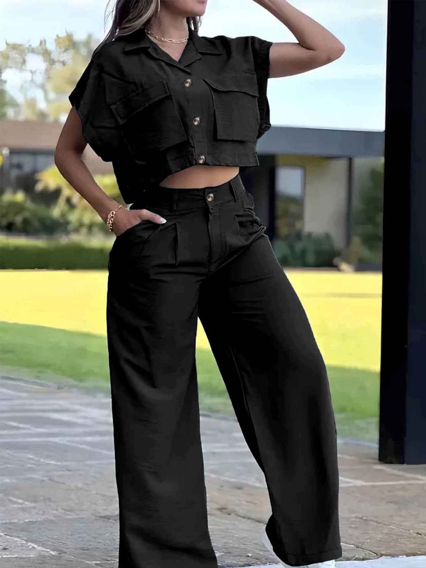 Large-pocket Midriff-baring Top With Attached Sleeves And Utility Pants