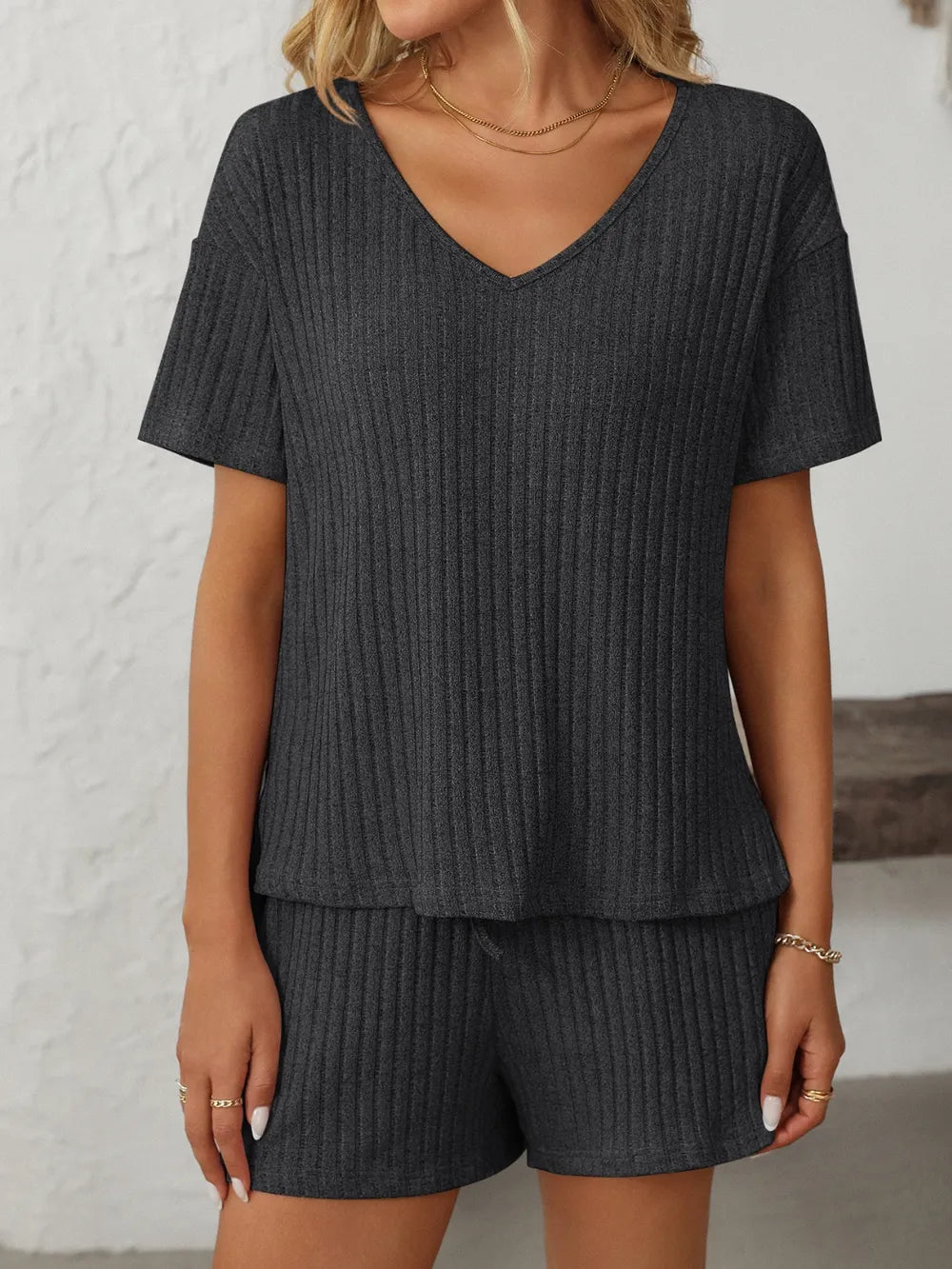 V-Neck Short Sleeve Top and Shorts Set.