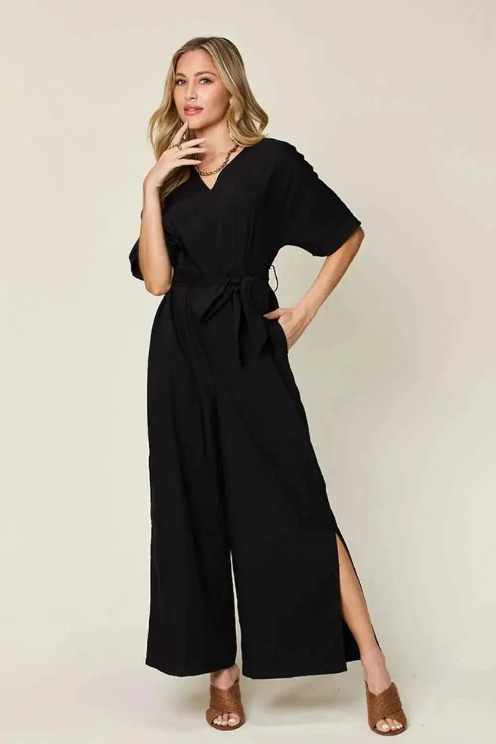 V-Neck Tied Side Slit women Jumpsuit.