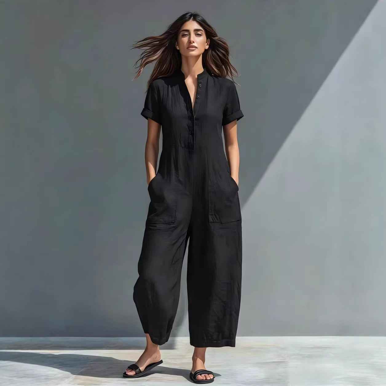 Simple Linen-blend Buttoned Stand Collar Short-sleeve Loose Jumpsuit