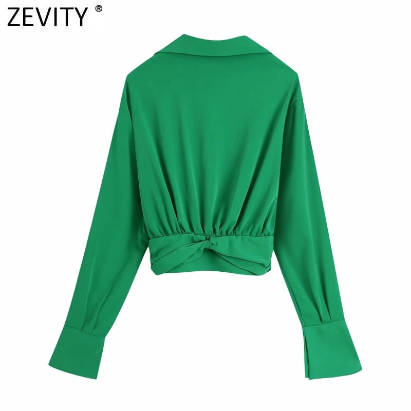 Zevity Women Fashion Turn Down Collar Knotted Green Color Short Smock Blouse Female Long Sleeve Slim Shirt Chic Crop Tops LS9465 eprolo
