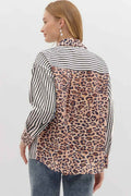 Black Striped Leopard Print Patchwork Button Up Womens Shirt