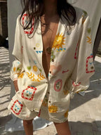 Women's Printed Long Sleeve Shirt and Shorts Two Piece Set