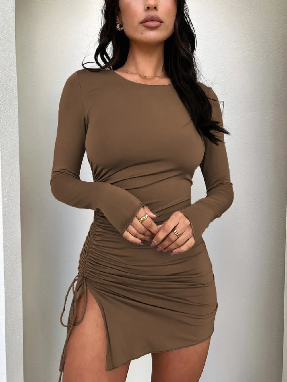 Side Drawstring Round Neck Long Sleeve Dress.