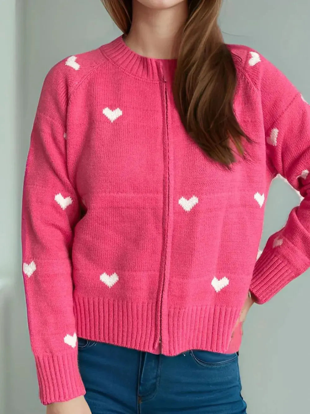 Heart Round Neck Zip Up Cardigan.