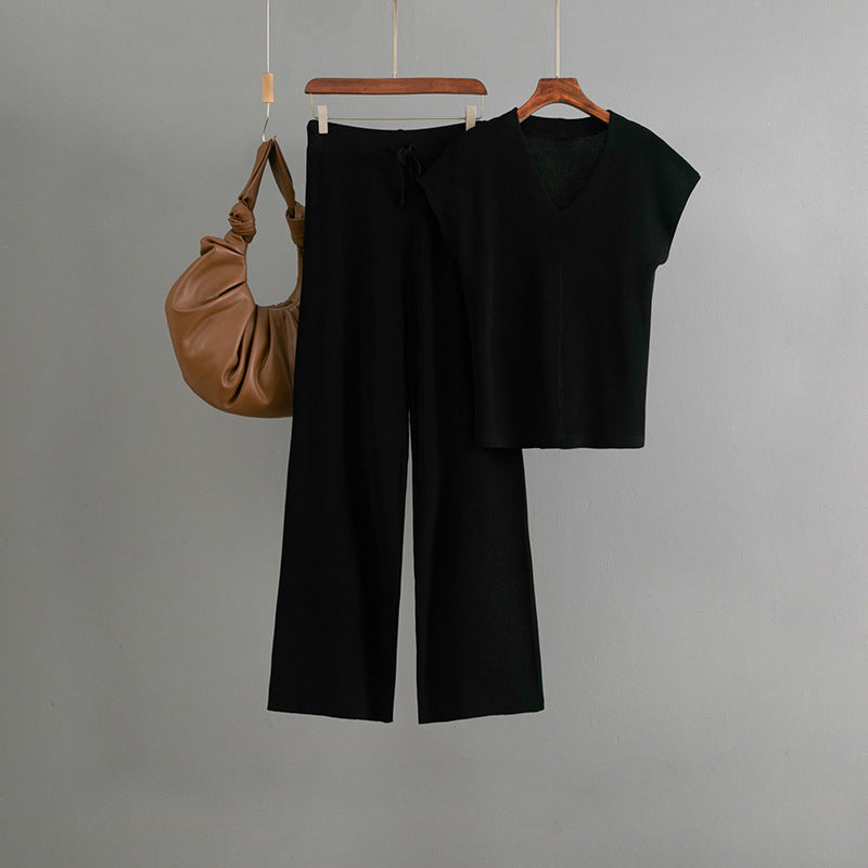 Sleeveless V-neck Knit Top Set Women's Pants Two-piece Set