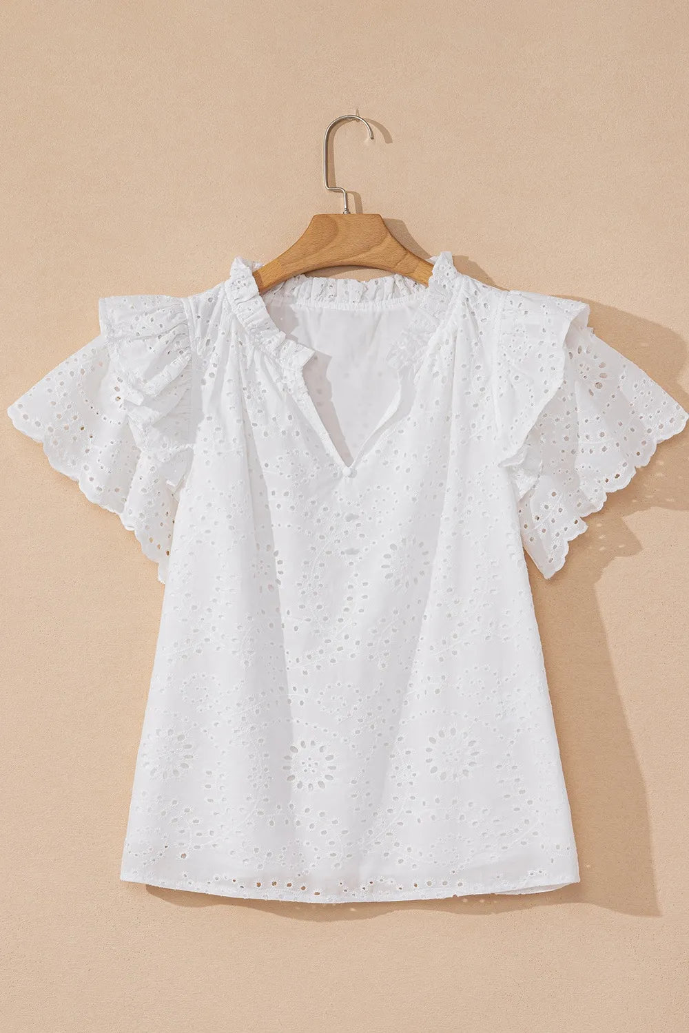 Eyelet Notched Short Sleeve Blouse.