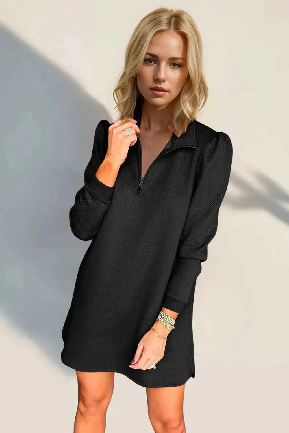 Double Take Textured Quarter Zip Long Sleeve Dress.
