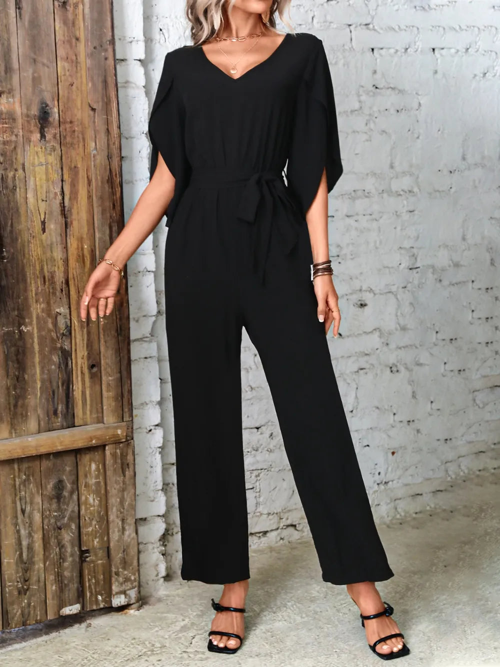 Tied V-Neck Half Sleeve Wide Leg Jumpsuit - CHIC TB