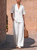 Womens Casual Solid-color V-neck Short-sleeve Long-pants Set
