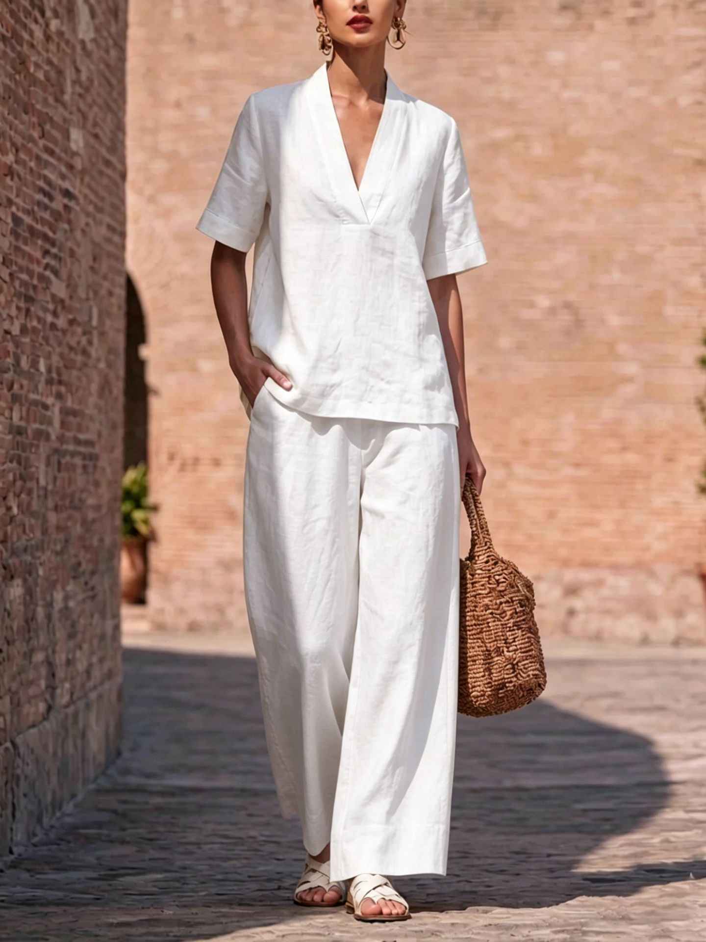 Womens Casual Solid-color V-neck Short-sleeve Long-pants Set