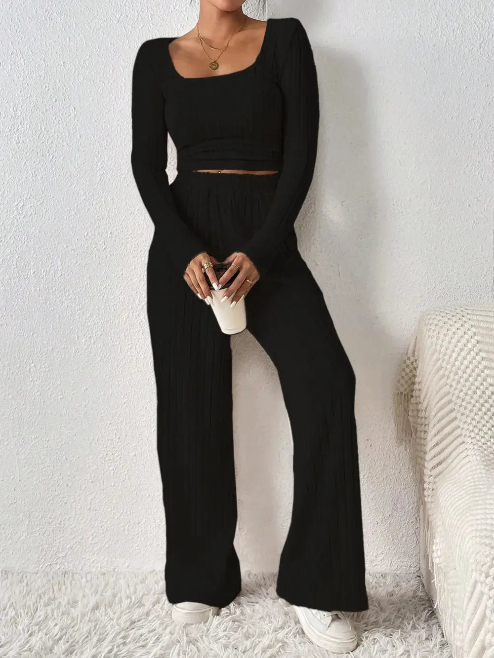 Honey Scoop Neck Long Sleeve Top and Pants Set.
