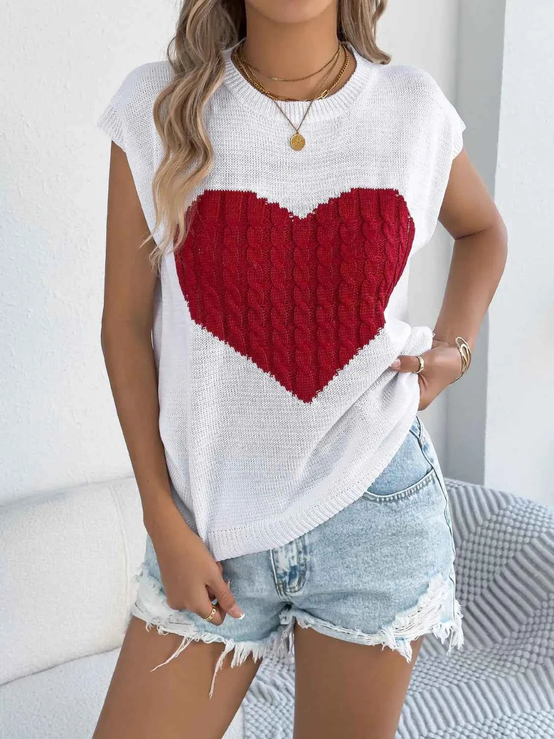 Cable Knit Heart Round Neck Cap Sleeve Knit Top.