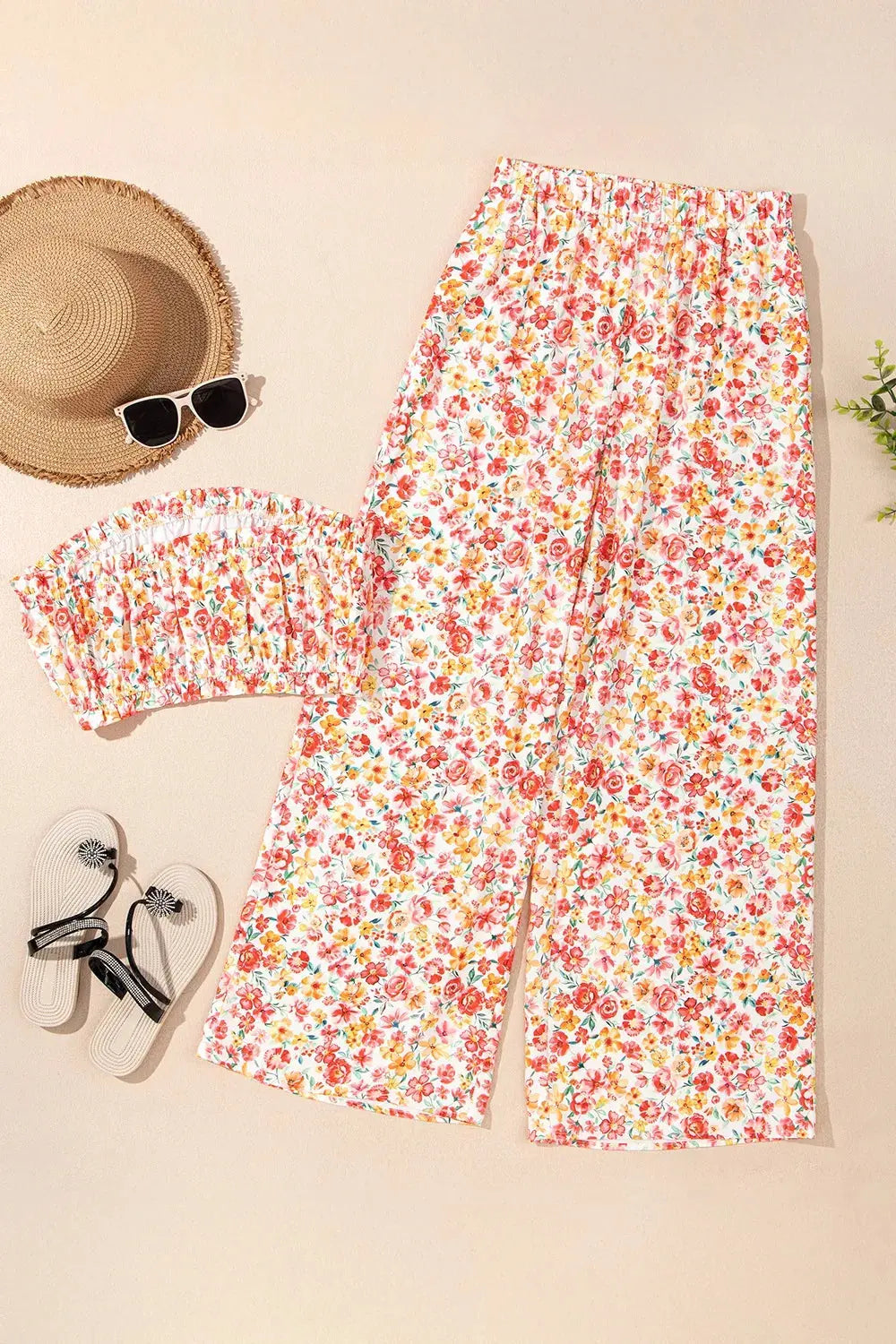 Boho Floral Bandeau Top and High Waist Wide Leg Pants Set.