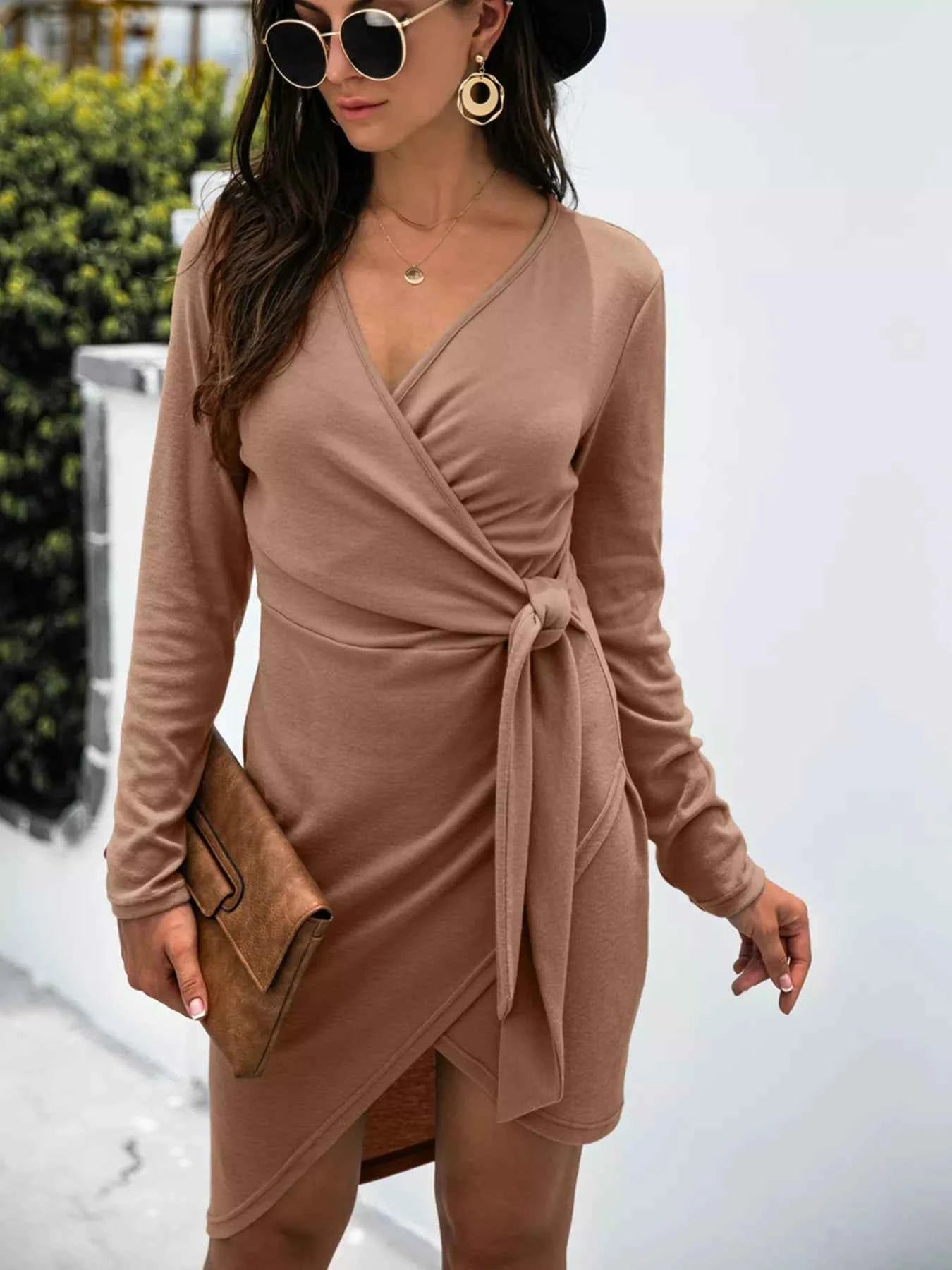 Surplice Long Sleeve Side Tie Dress.