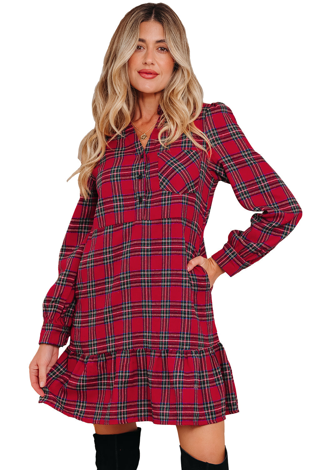 Red Plaid Shirt Collar Half Button Ruffle Hem Long Sleeve Mini Dress Dear-Lover Dropshipping