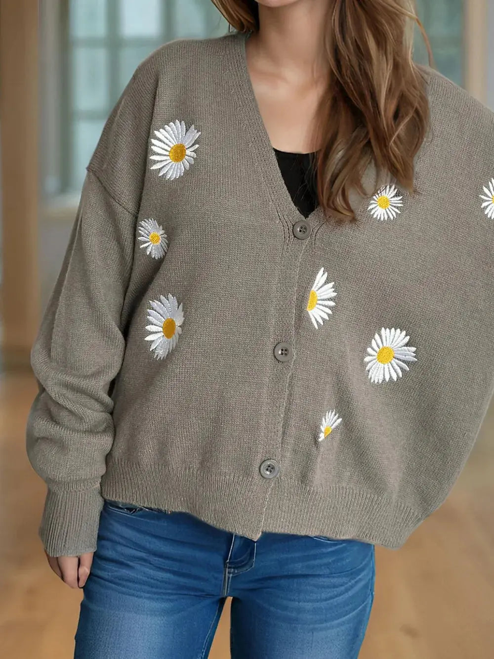 Daisy Button Up V-Neck Cardigan.