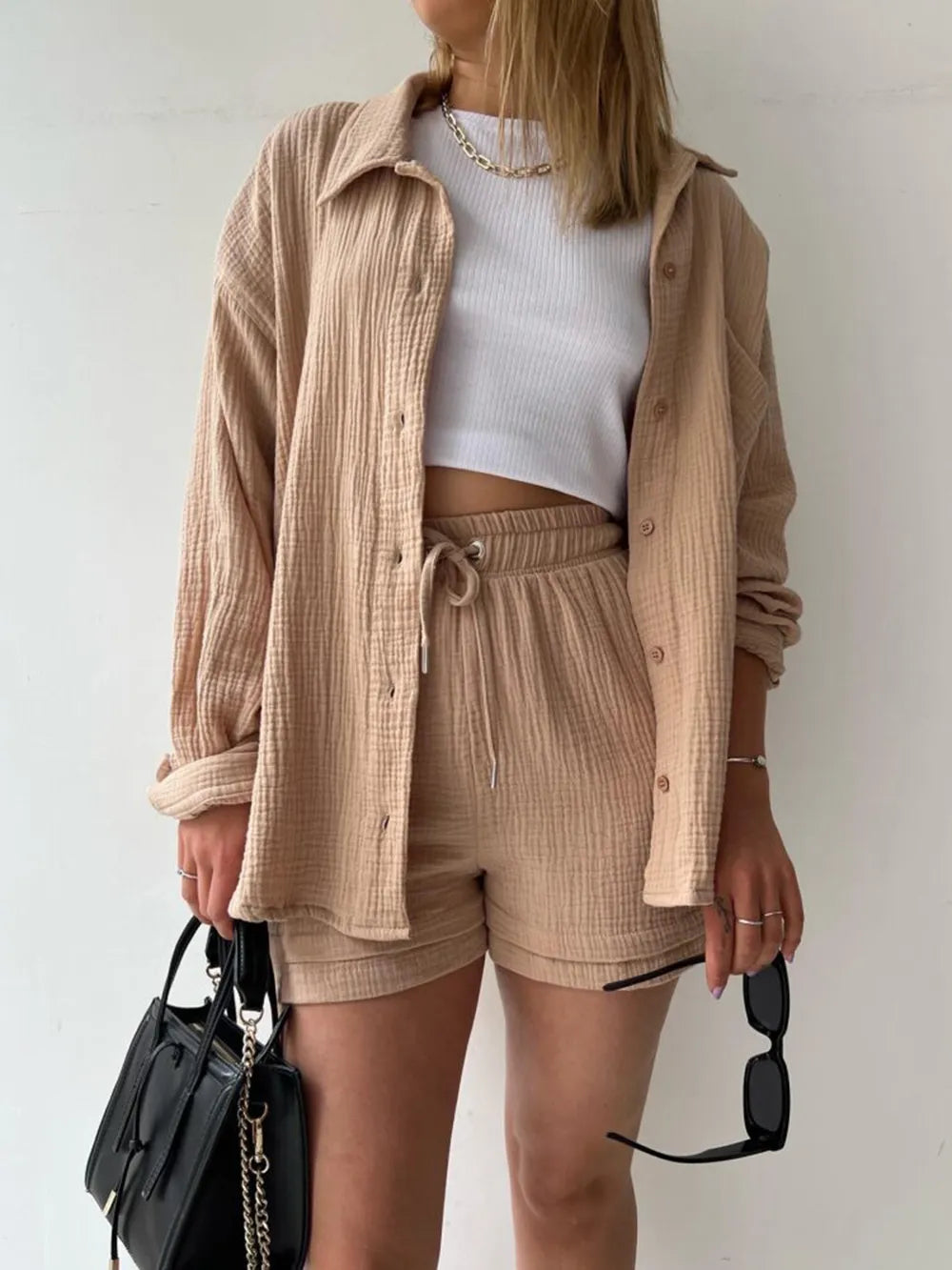Texture Button Up Shirt and Drawstring Shorts Set - CHIC TB