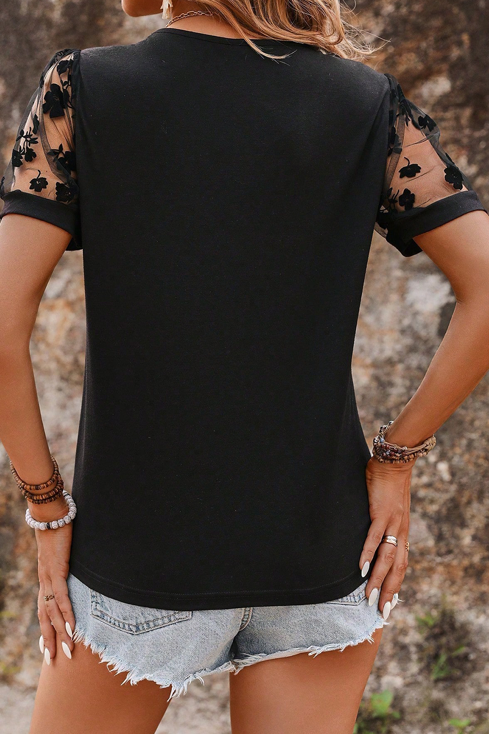 Black Floral Mesh Patchwork Loose V Neck Plus Size T Shirt Dear-Lover Dropshipping