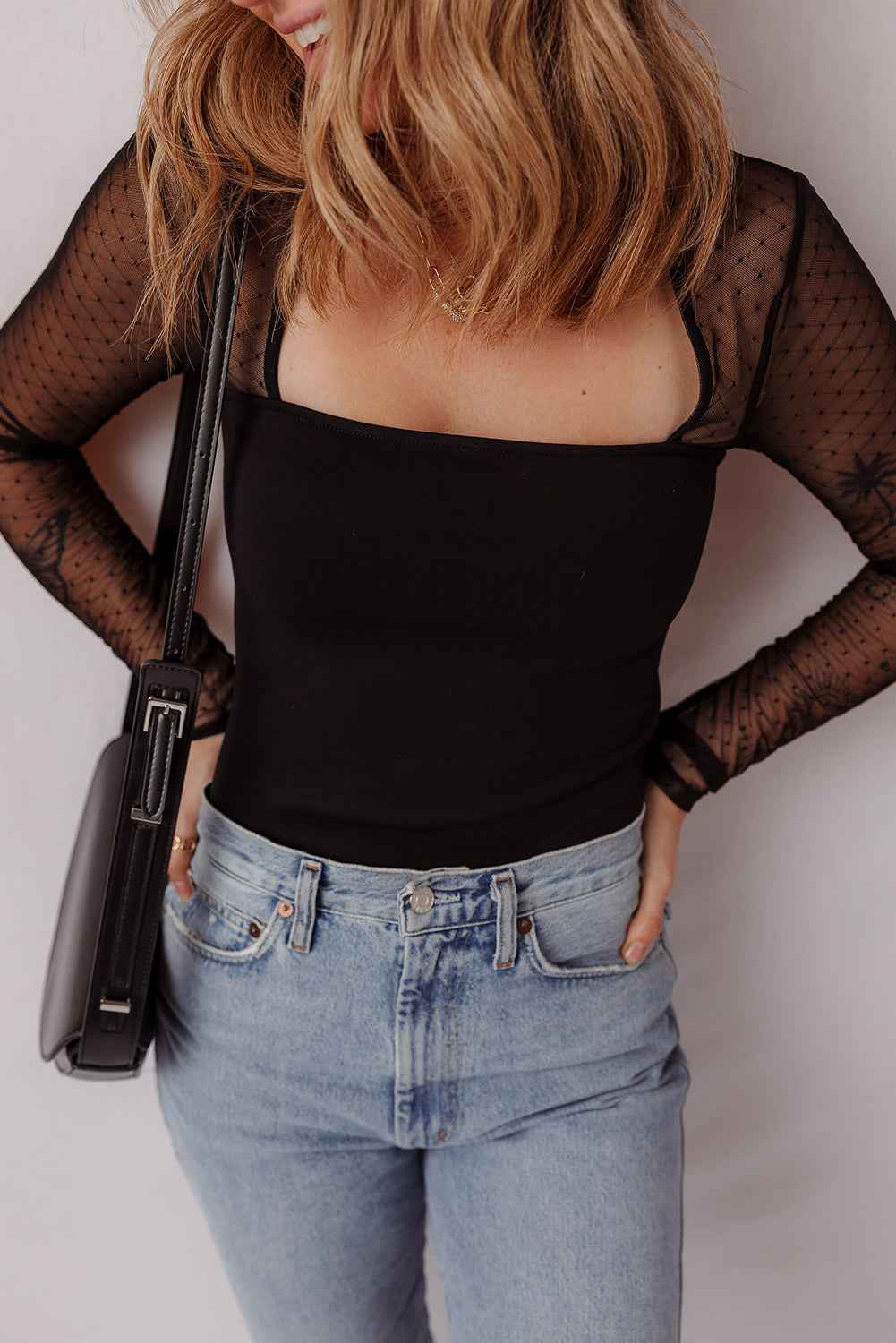 Black Polka Dot Mesh Long Sleeve Square Neck Bodysuit