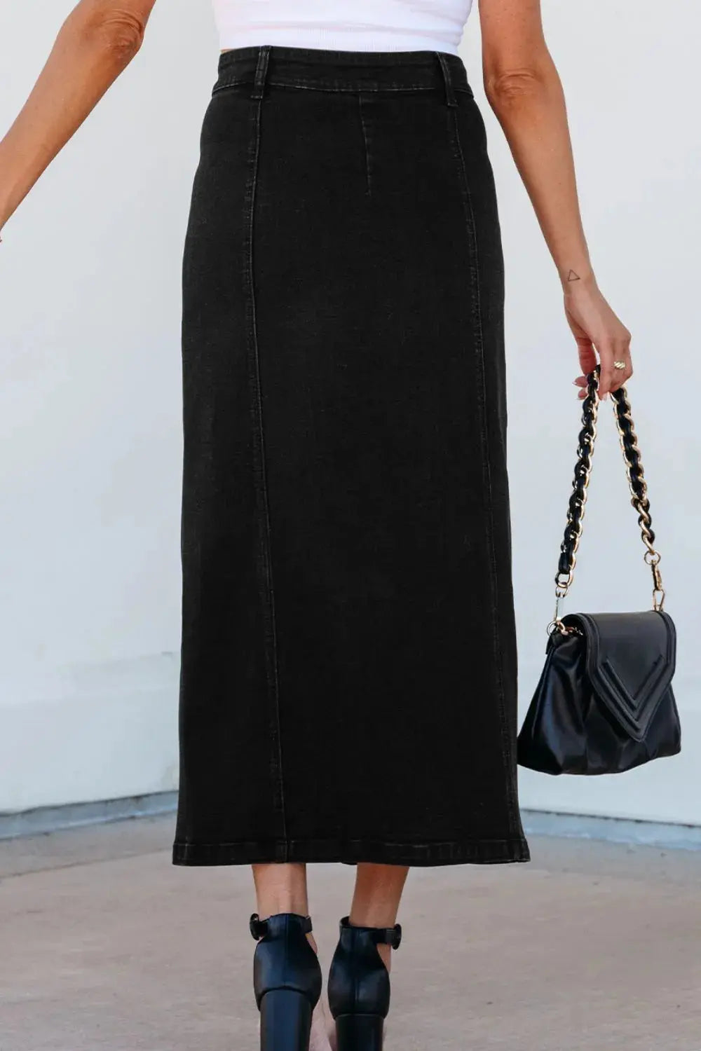 Button Fly Side Split Denim Midi Skirt.