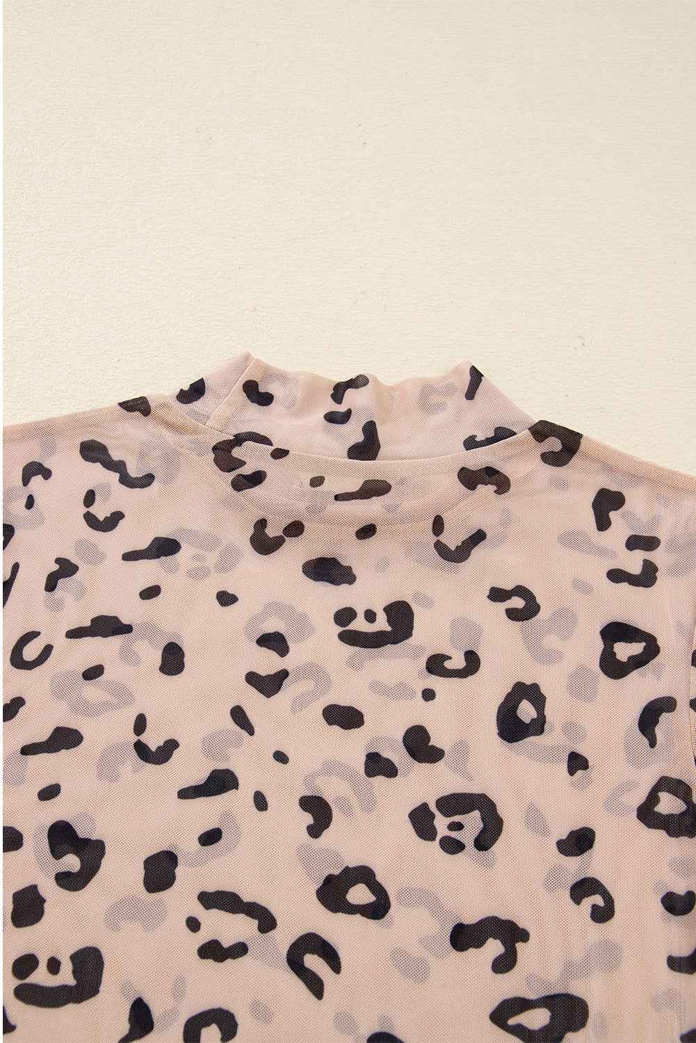 Khaki Mock Neck Sheer Mesh Leopard Long Sleeve Bodysuit