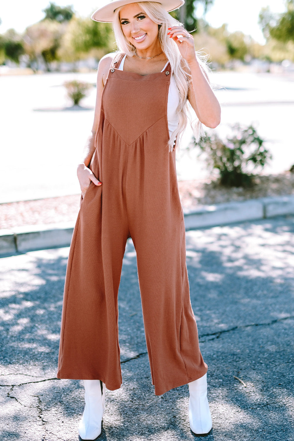 Gold Flame Textured Buttoned Straps Ruched Wide Leg Jumpsuit Dear-Lover Dropshipping