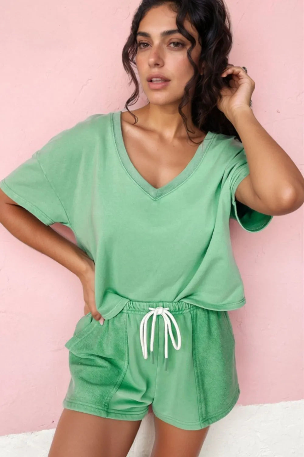 V-Neck Short Sleeve Loose Top and Drawstring Shorts Set.