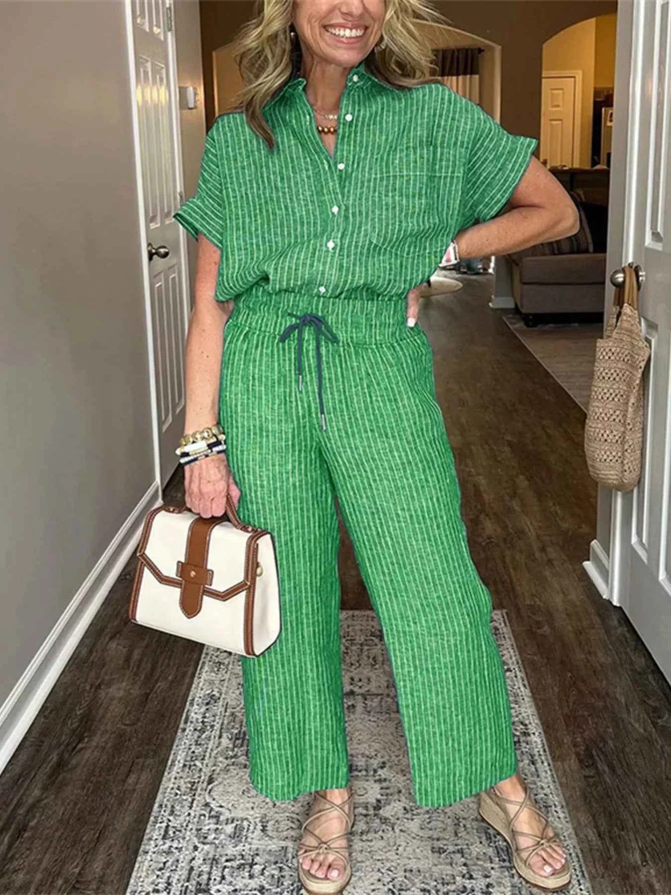 Full Size Striped Button-Up Shirt and Wide Leg Pants Casual Set Plus Size