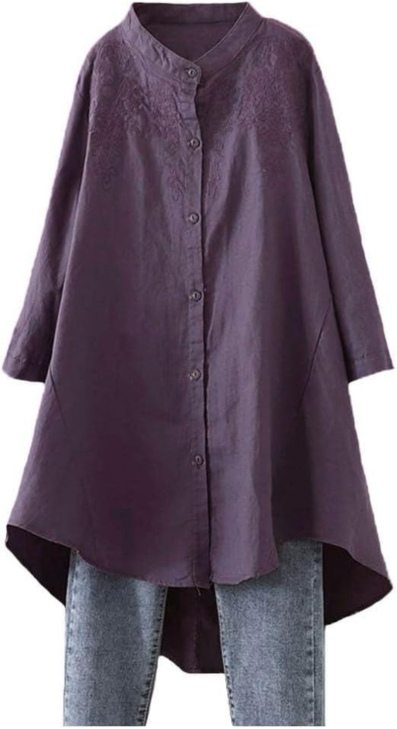 Minibee Women'S Cotton Linen Shirt High Low Button down Embroidered Blouse Long Sleeve Tunic Tops
