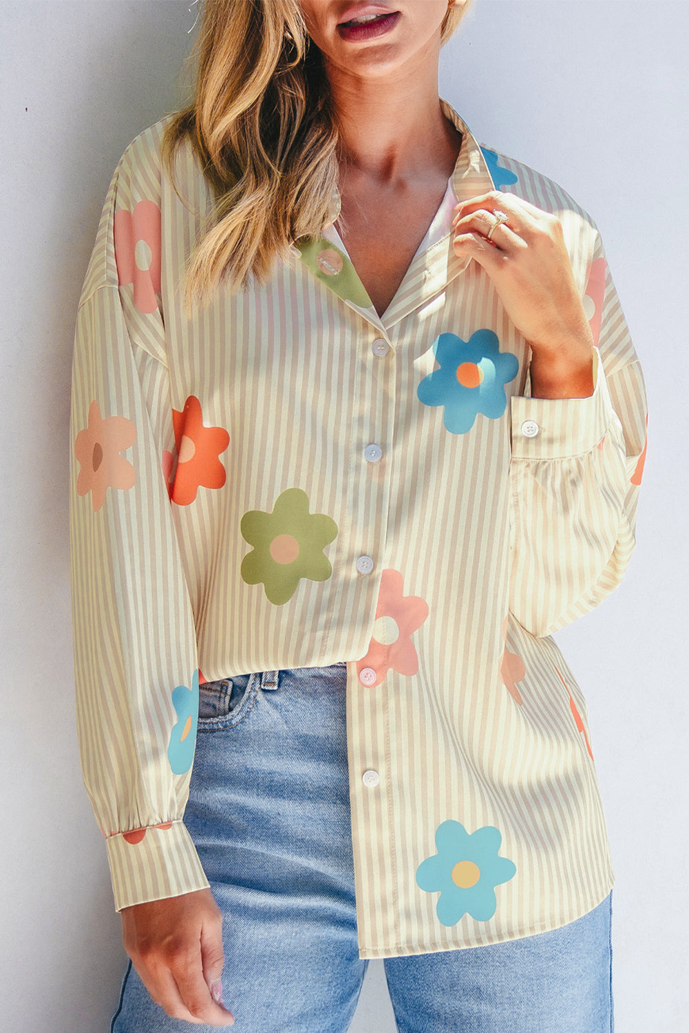 Apricot Stripe Flower Print Collared Button-up Loose Fit Shirt Dear-Lover Dropshipping